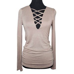 Women's Long Sleeve V-Neck Crisscross Fashion Top, Small, Taupe